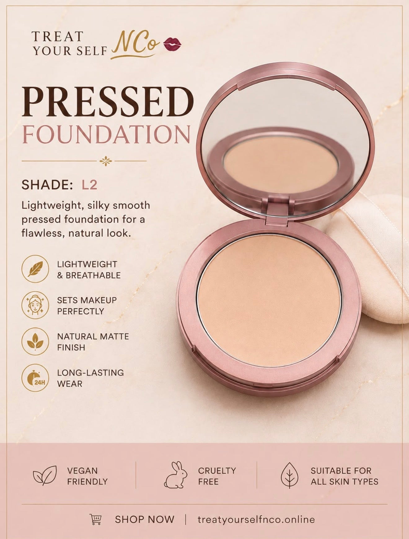 Pressed powder L2 💕 Why You’ll Love It

* ✨ Lightweight & Breathable – Comfortable without feeling heavy or cakey.
* 💎 Silky Smooth Texture – Glides effortlessly onto the skin for a flawless-looking complexion.
* 🌸 Natural Matte Finish – Helps reduce t