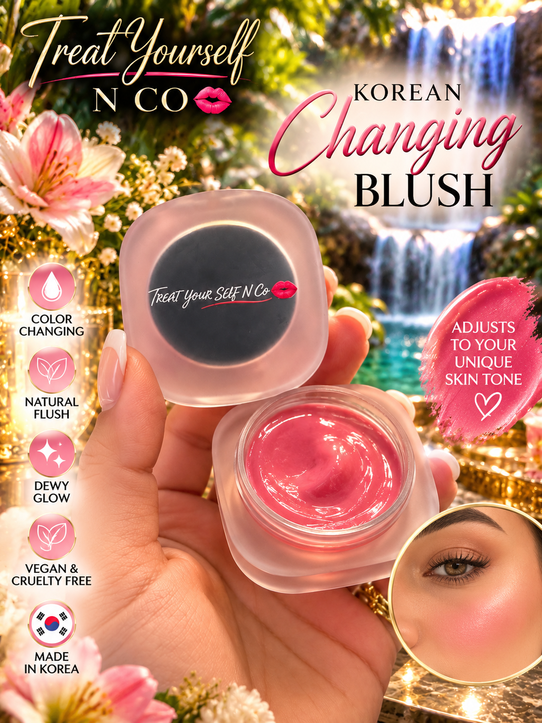 Korean changing blush 💕 NEW! KOREAN CHANGING BLUSH 🇰🇷✨

Your perfect pink glow starts here! 🌸

Introducing our luxurious Treat Yourself N Co Korean Changing Blush — designed to give your cheeks a beautiful, fresh, radiant look.

💗 Colour Changing – C